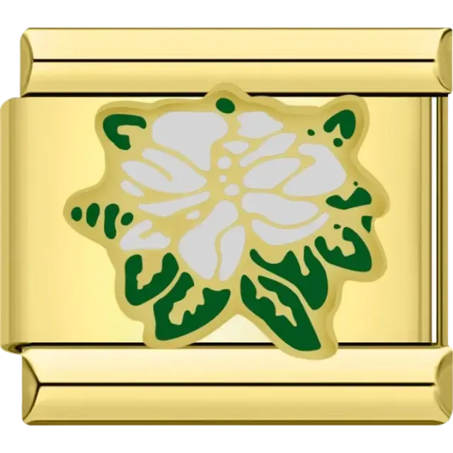White flower with green leaves Italian charm bracelet link