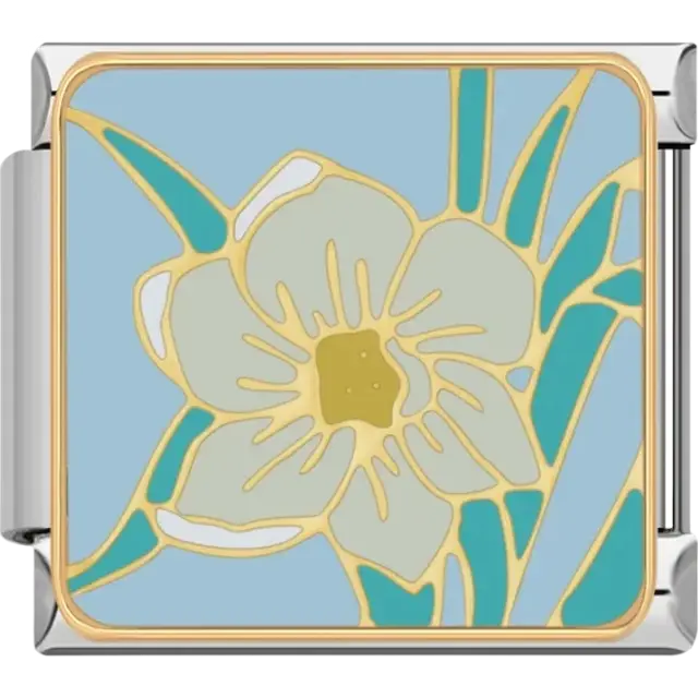 White flower with a yellow center and gold outlines Italian charm bracelet link