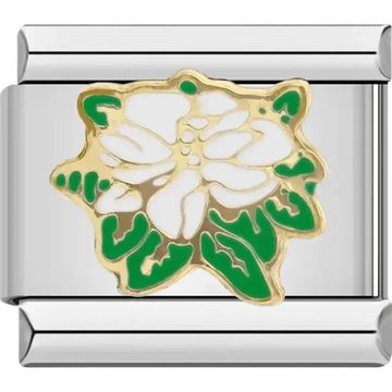 White flower with green leaves Italian charm bracelet link