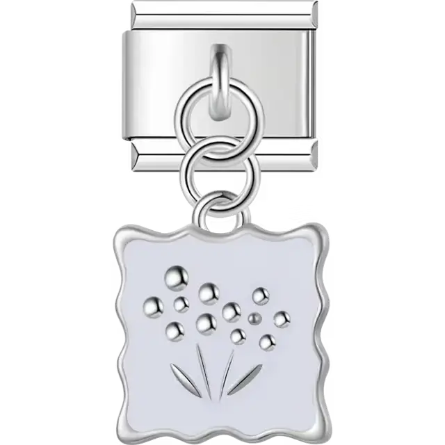 White square with raised flower and leaf details dangle Italian charm bracelet link
