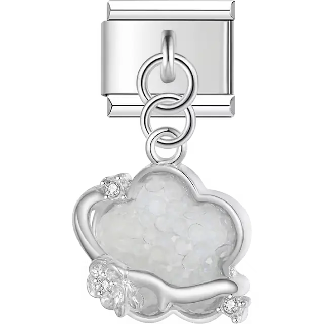 White flower crystal dangle Italian charm bracelet link