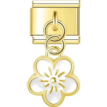 Gold outline flower with white enamel dangle Italian charm bracelet link
