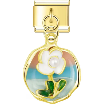 Gold round pendant with white flower pearl center and green leaf design dangle Italian charm bracelet link