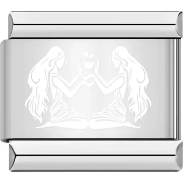 White Gemini symbol with twin figures sitting Italian charm bracelet link