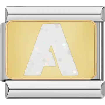 White glitter-filled letter "A" on a gold background Italian charm bracelet link
