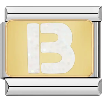 White glitter-filled letter "B" on a gold background Italian charm bracelet link