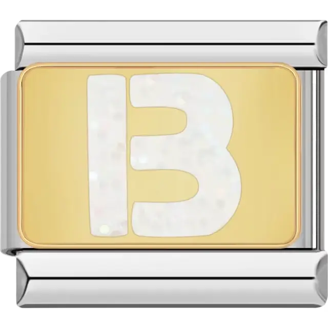 White glitter-filled letter "B" on a gold background Italian charm bracelet link