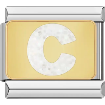 White glitter-filled letter "C" on a gold background Italian charm bracelet link