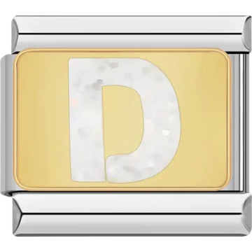 White glitter-filled letter "D" on a gold background Italian charm bracelet link