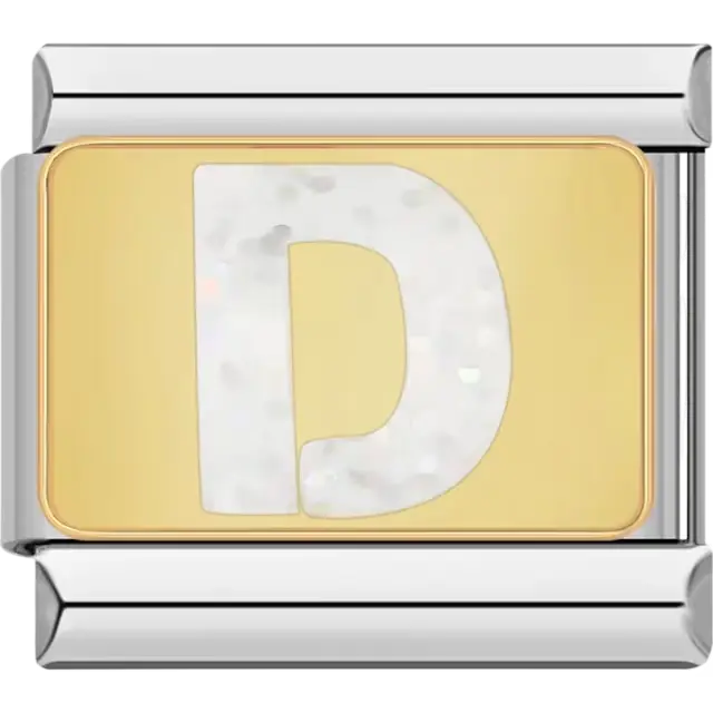 White glitter-filled letter "D" on a gold background Italian charm bracelet link