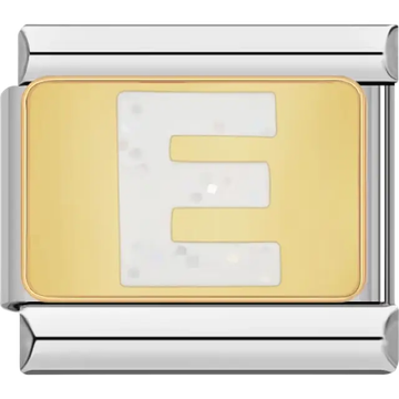 White glitter-filled letter "E" on a gold background Italian charm bracelet link