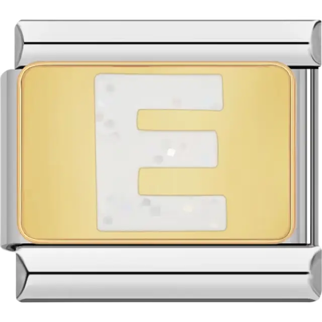 White glitter-filled letter "E" on a gold background Italian charm bracelet link