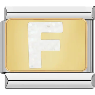 White glitter-filled letter "F" on a gold background Italian charm bracelet link