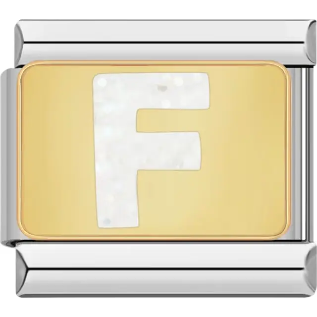 White glitter-filled letter "F" on a gold background Italian charm bracelet link