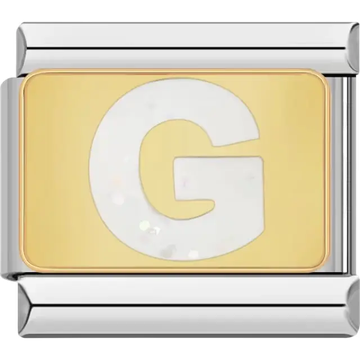White glitter-filled letter "G" on a gold background Italian charm bracelet link