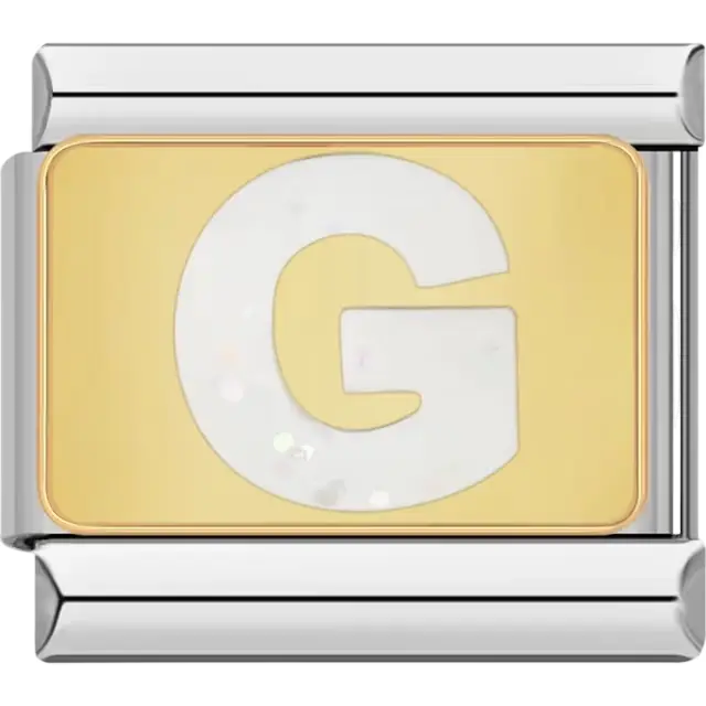 White glitter-filled letter "G" on a gold background Italian charm bracelet link
