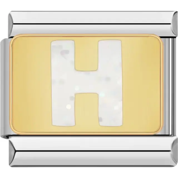 White glitter-filled letter "H" on a gold background Italian charm bracelet link
