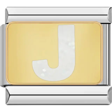 White glitter-filled letter "J" on a gold background Italian charm bracelet link