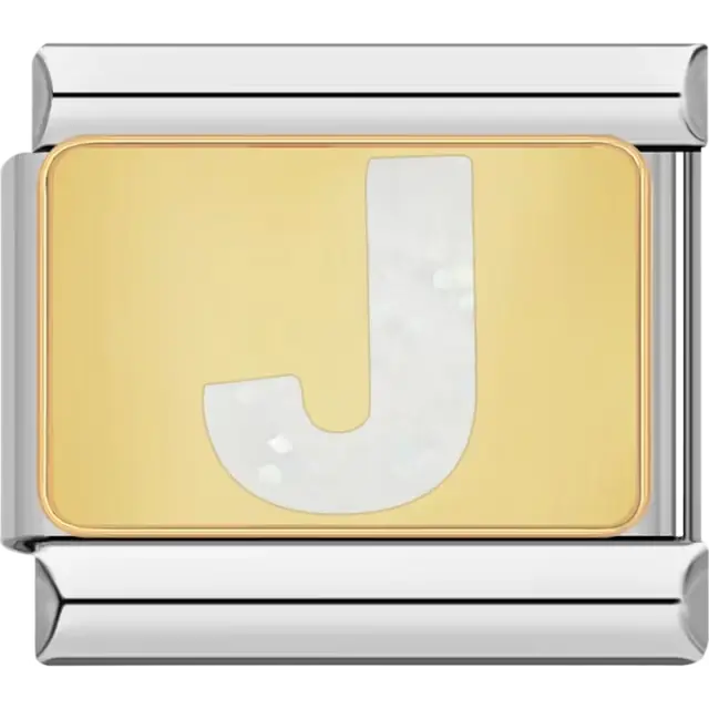 White glitter-filled letter "J" on a gold background Italian charm bracelet link