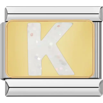 White glitter-filled letter "K" on a gold background Italian charm bracelet link