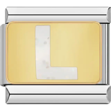 White glitter-filled letter "L" on a gold background Italian charm bracelet link