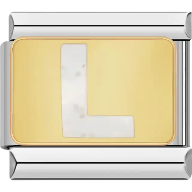 White glitter-filled letter "L" on a gold background Italian charm bracelet link