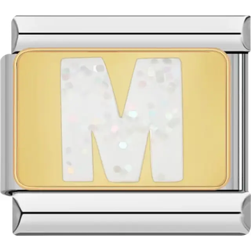 White glitter-filled letter "M" on a gold background Italian charm bracelet link