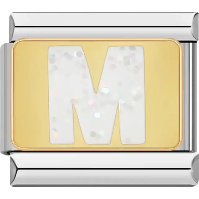 White glitter-filled letter "M" on a gold background Italian charm bracelet link