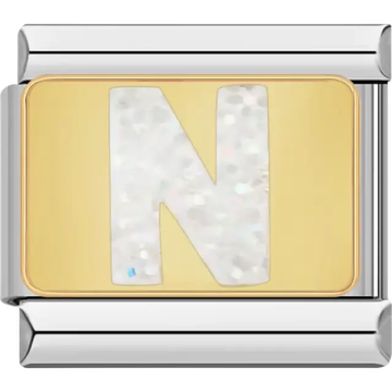 White glitter-filled letter "N" on a gold background Italian charm bracelet link