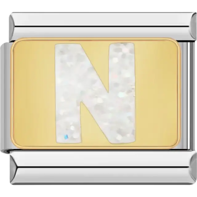 White glitter-filled letter "N" on a gold background Italian charm bracelet link