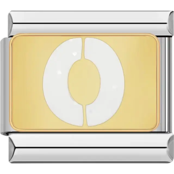 White glitter-filled letter "O" on a gold background Italian charm bracelet link