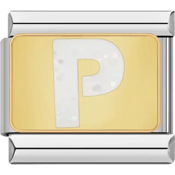 White glitter-filled letter "P" on a gold background Italian charm bracelet link