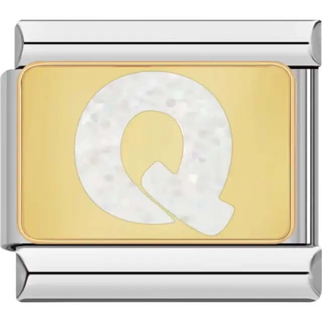 White glitter-filled letter "Q" on a gold background Italian charm bracelet link