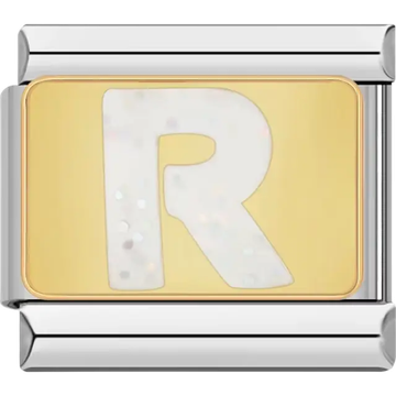 White glitter-filled letter "R" on a gold background Italian charm bracelet link