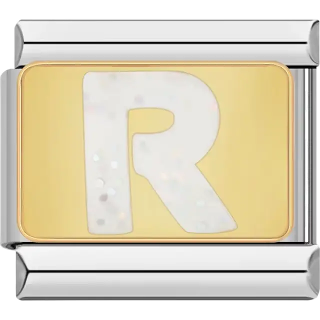 White glitter-filled letter "R" on a gold background Italian charm bracelet link
