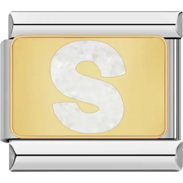 White glitter-filled letter "S" on a gold background Italian charm bracelet link