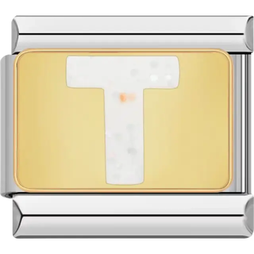 White glitter-filled letter "T" on a gold background Italian charm bracelet link
