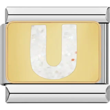 White glitter-filled letter "U" on a gold background Italian charm bracelet link