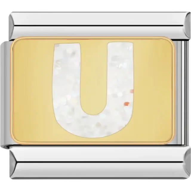 White glitter-filled letter "U" on a gold background Italian charm bracelet link