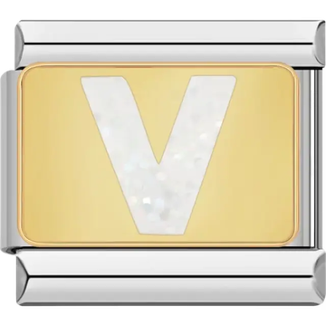 White glitter-filled letter "V" on a gold background Italian charm bracelet link