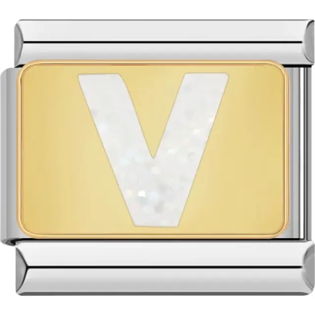White glitter-filled letter "V" on a gold background Italian charm bracelet link