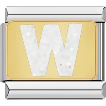 White glitter-filled letter "W" on a gold background Italian charm bracelet link