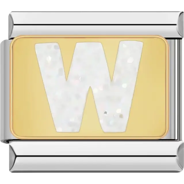 White glitter-filled letter "W" on a gold background Italian charm bracelet link