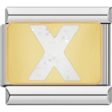 White glitter-filled letter "X" on a gold background Italian charm bracelet link