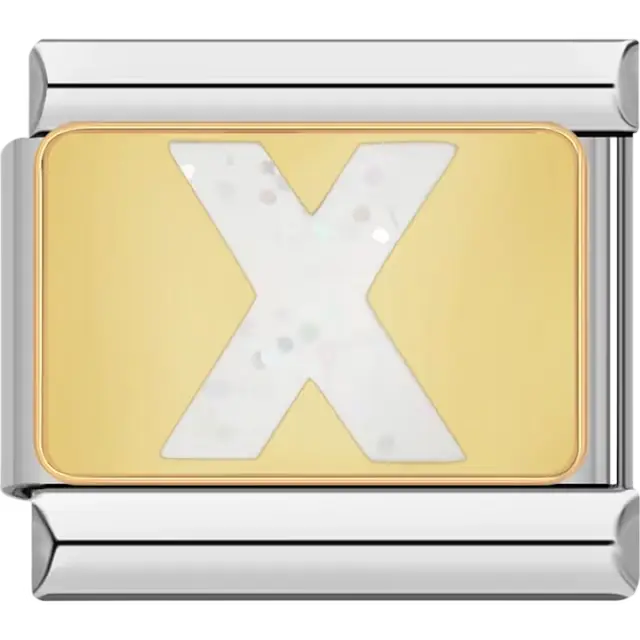 White glitter-filled letter "X" on a gold background Italian charm bracelet link