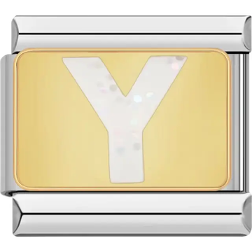 White glitter-filled letter "Y" on a gold background Italian charm bracelet link