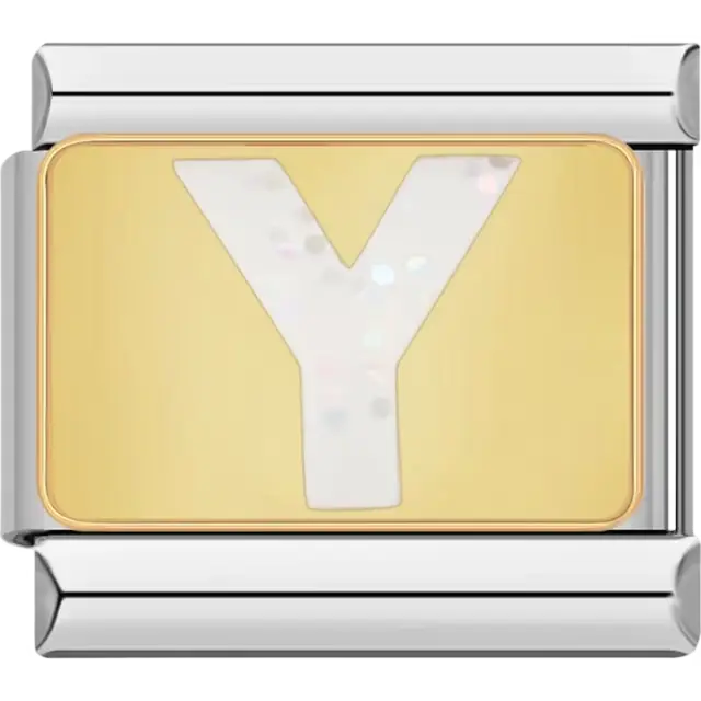 White glitter-filled letter "Y" on a gold background Italian charm bracelet link