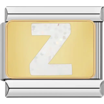 White glitter-filled letter "Z" on a gold background Italian charm bracelet link