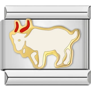 White goat with red horns outlined in gold Italian charm bracelet link