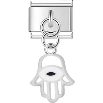 White hamsa hand black evil eye dangle Italian charm bracelet link